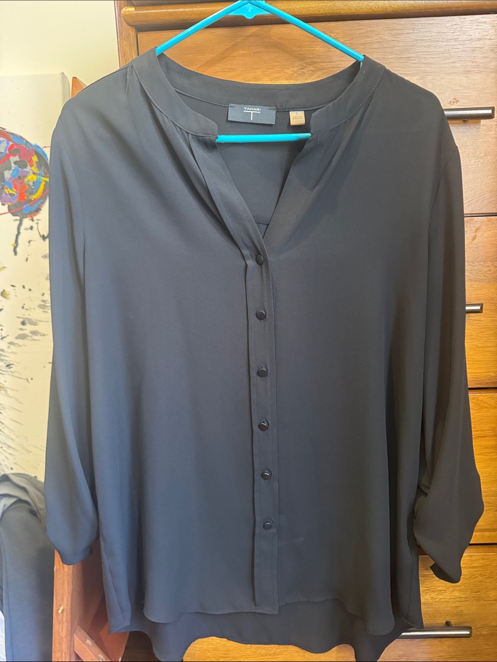 Tahari Black Button-Front Split-Neck Blouse